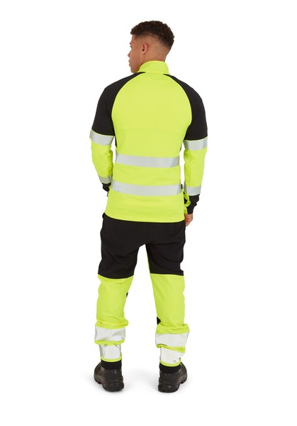 A high-visibility yellow work shirt featuring retroreflective tape panels, a full-length zip front, suitable for a wide range of outdoor and site work applications.