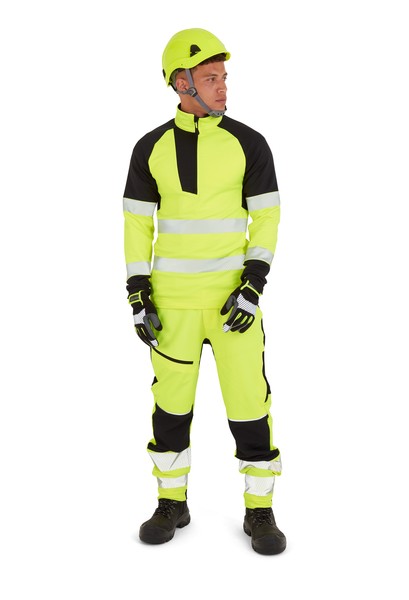 A high-visibility yellow work shirt featuring retroreflective tape panels, a full-length zip front, suitable for a wide range of outdoor and site work applications.