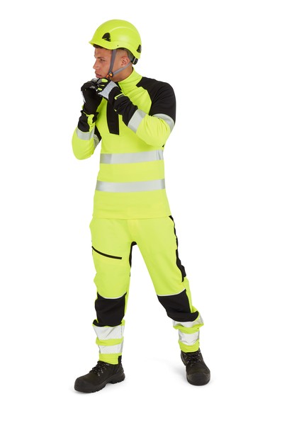 A high-visibility yellow work shirt featuring retroreflective tape panels, a full-length zip front, suitable for a wide range of outdoor and site work applications.