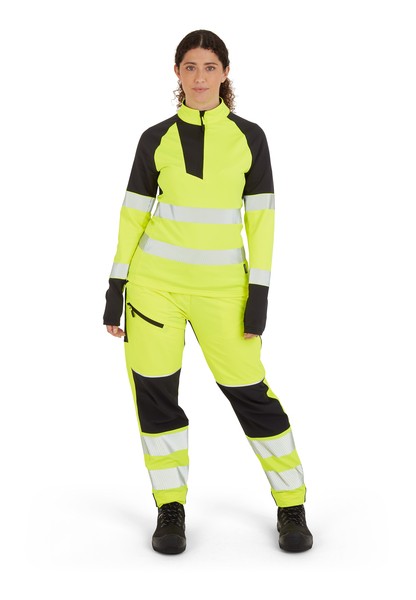 A women's high-visibility yellow work shirt featuring retroreflective tape panels, a full-length zip front, suitable for a wide range of outdoor and site work applications.