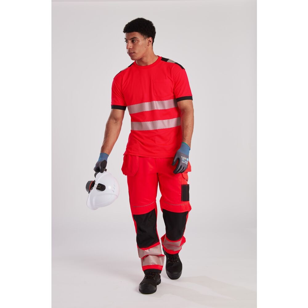 A high-visibility yellow work shirt featuring retroreflective tape panels, suitable for a wide range of outdoor and site work applications.