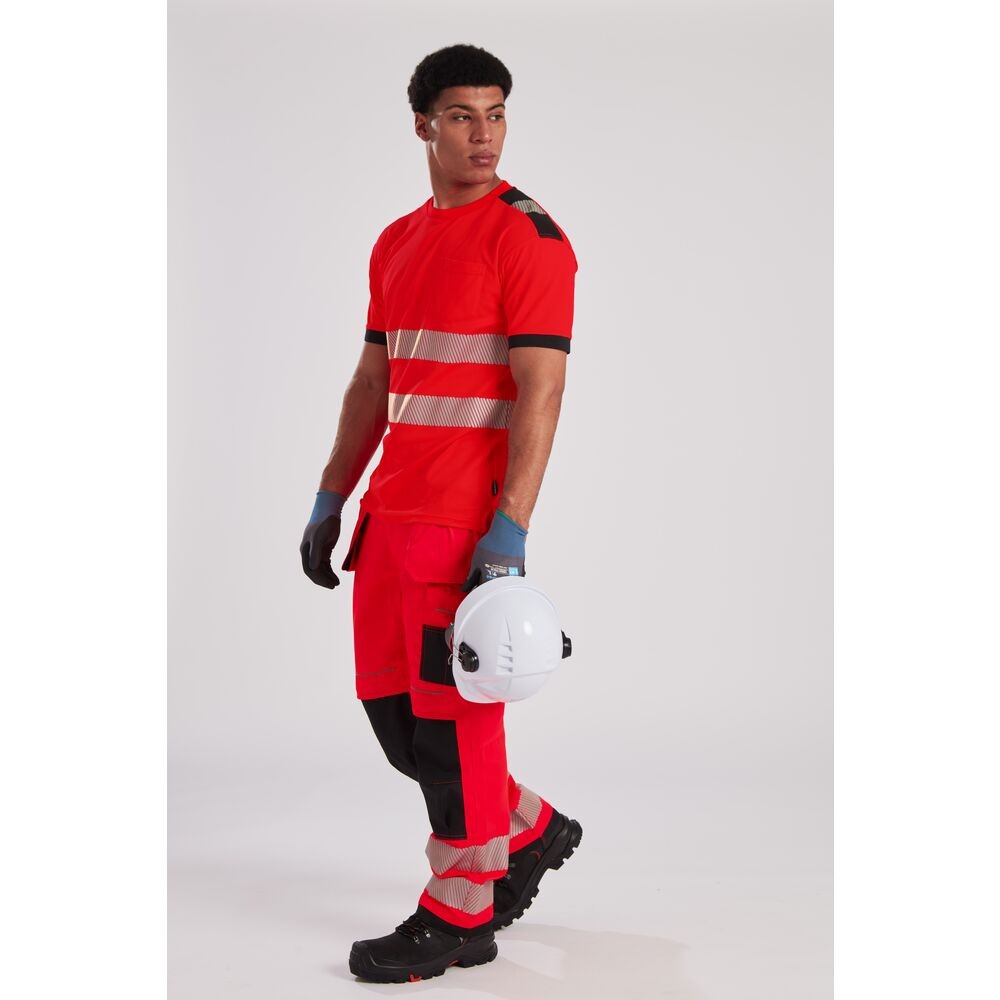 A high-visibility yellow work shirt featuring retroreflective tape panels, suitable for a wide range of outdoor and site work applications.