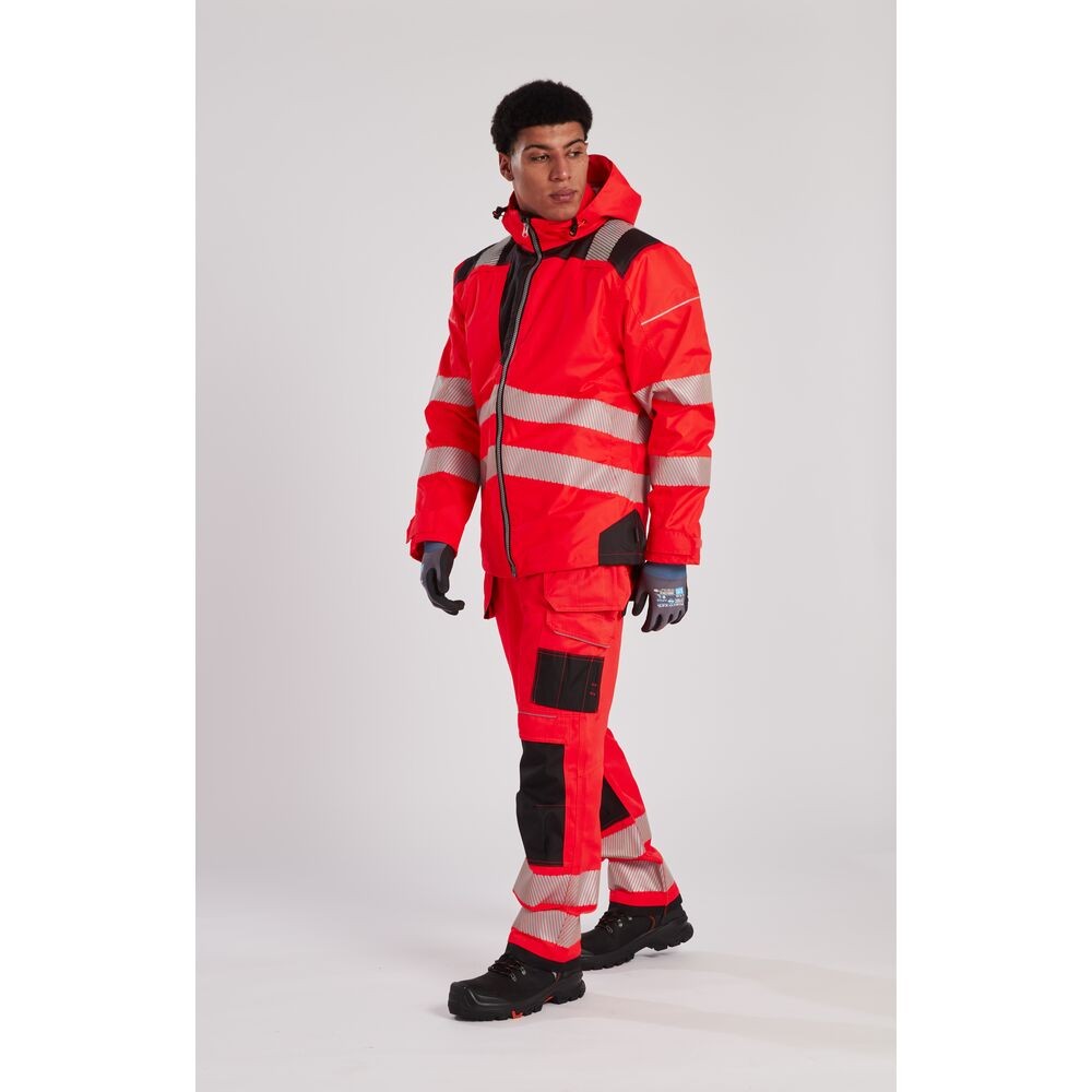 A high-visibility yellow jacket featuring retroreflective tape panels, suitable for a wide range of outdoor and site work applications.
