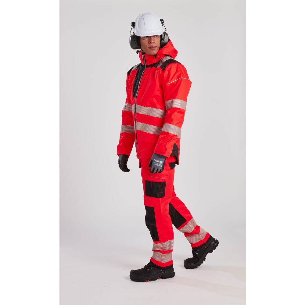 A high-visibility yellow jacket featuring retroreflective tape panels, suitable for a wide range of outdoor and site work applications.