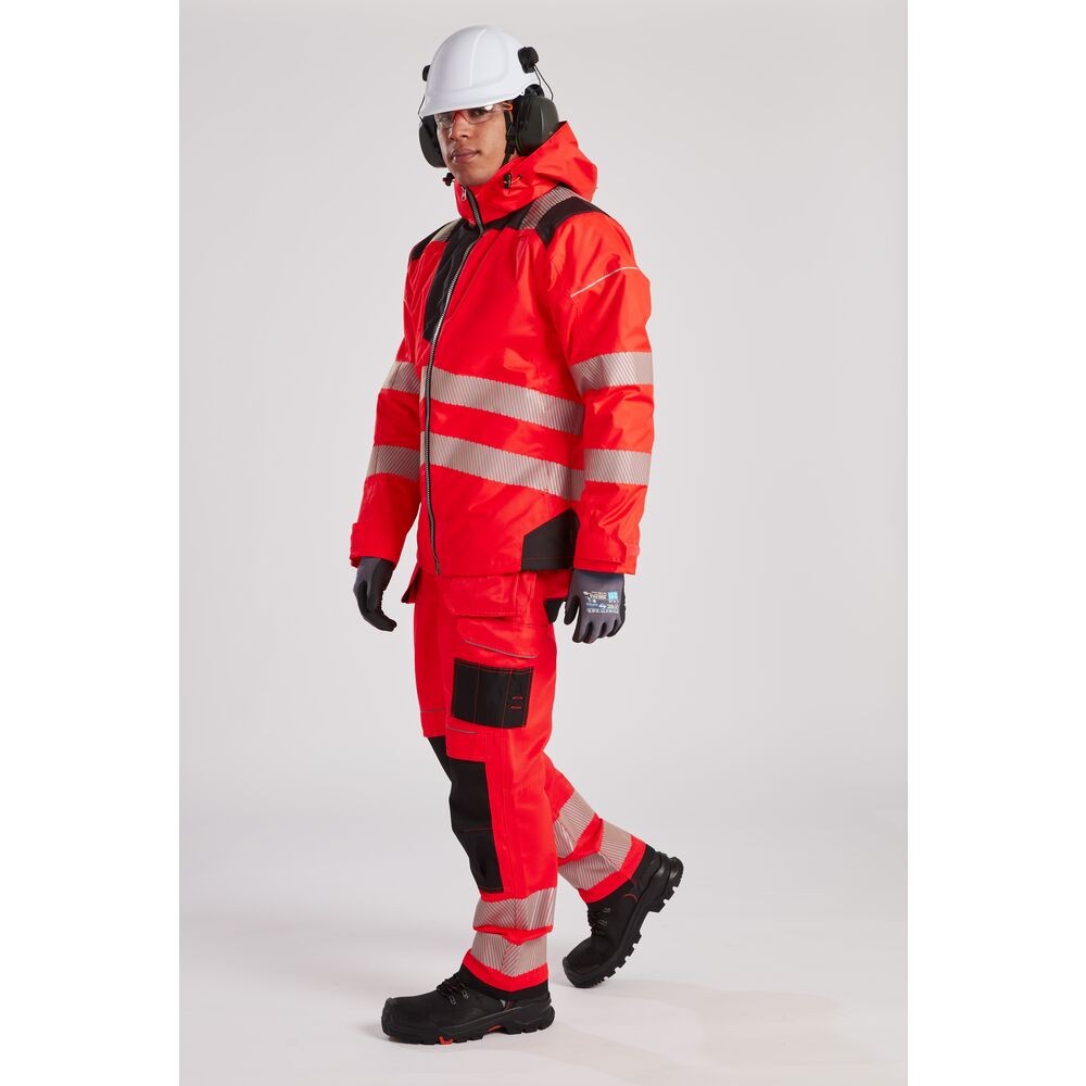 A high-visibility yellow jacket featuring retroreflective tape panels, suitable for a wide range of outdoor and site work applications.
