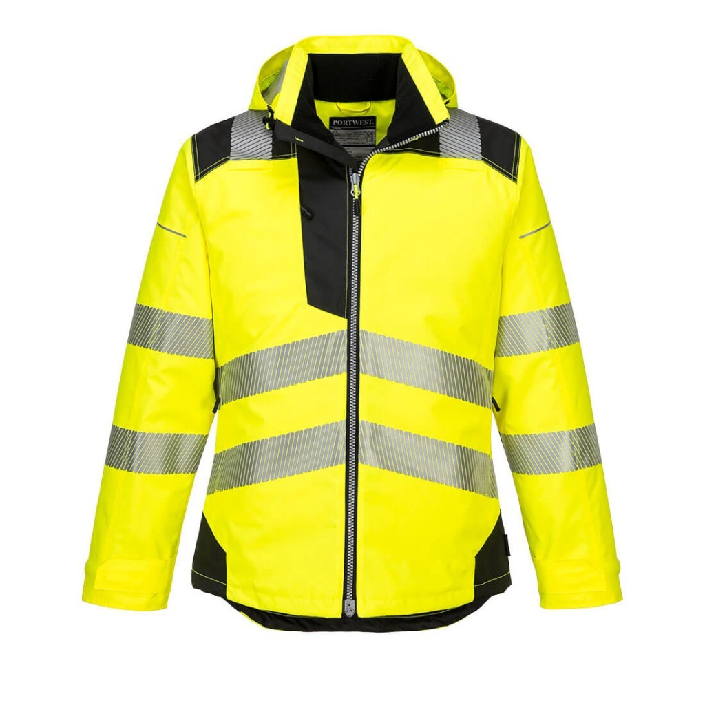 A high-visibility yellow jacket featuring retroreflective tape panels, suitable for a wide range of outdoor and site work applications.