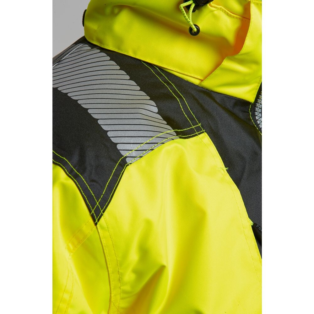 A high-visibility yellow jacket featuring retroreflective tape panels, suitable for a wide range of outdoor and site work applications.