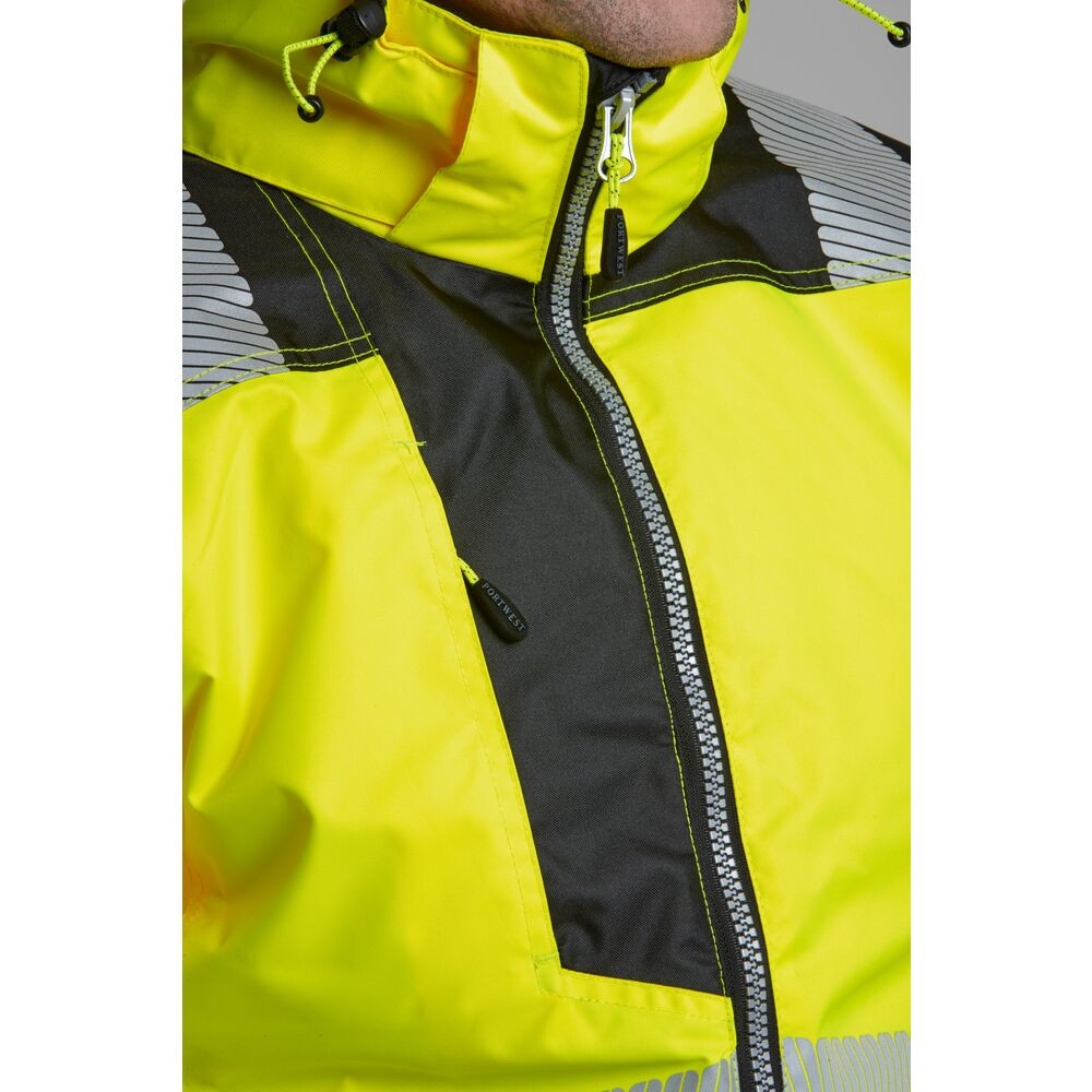 A high-visibility yellow jacket featuring retroreflective tape panels, suitable for a wide range of outdoor and site work applications.