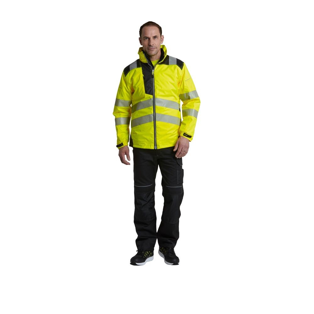 A high-visibility yellow jacket featuring retroreflective tape panels, suitable for a wide range of outdoor and site work applications.