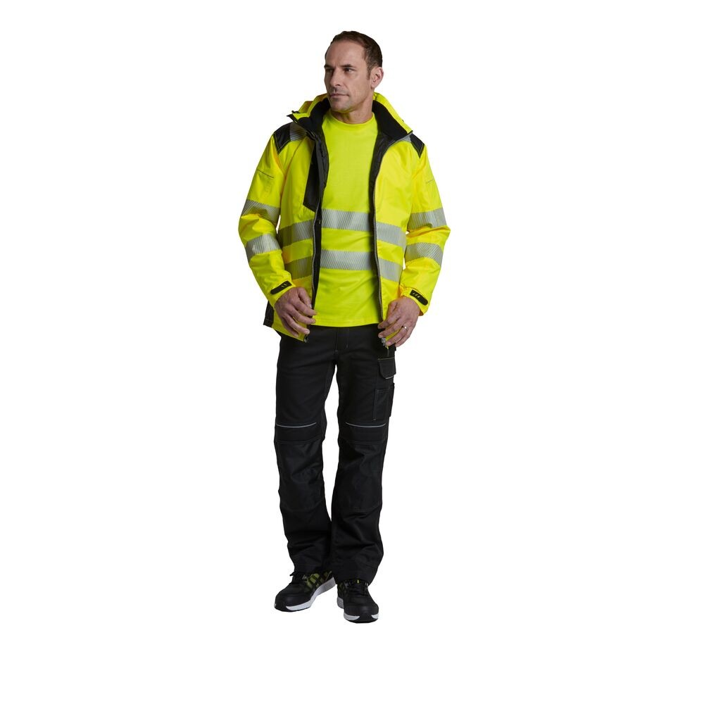 A high-visibility yellow jacket featuring retroreflective tape panels, suitable for a wide range of outdoor and site work applications.