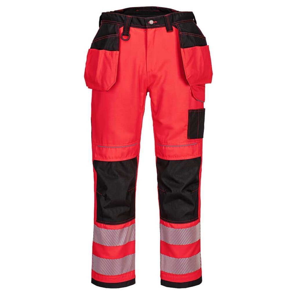 A pair of high-visibility yellow trousers featuring retroreflective tape panels, functional pockets, suitable for a wide range of outdoor and site work applications.