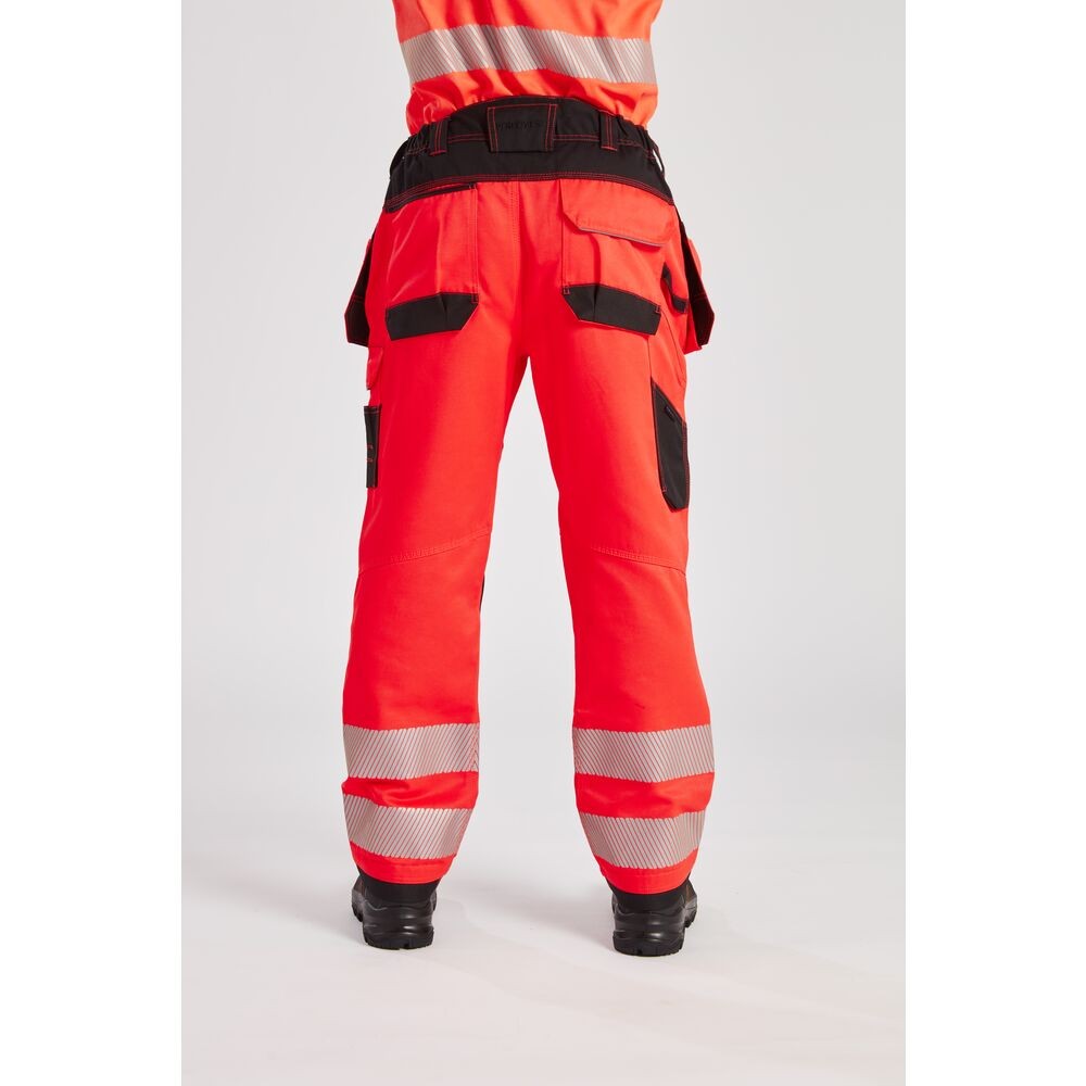 A pair of high-visibility yellow trousers featuring retroreflective tape panels, functional pockets, suitable for a wide range of outdoor and site work applications.