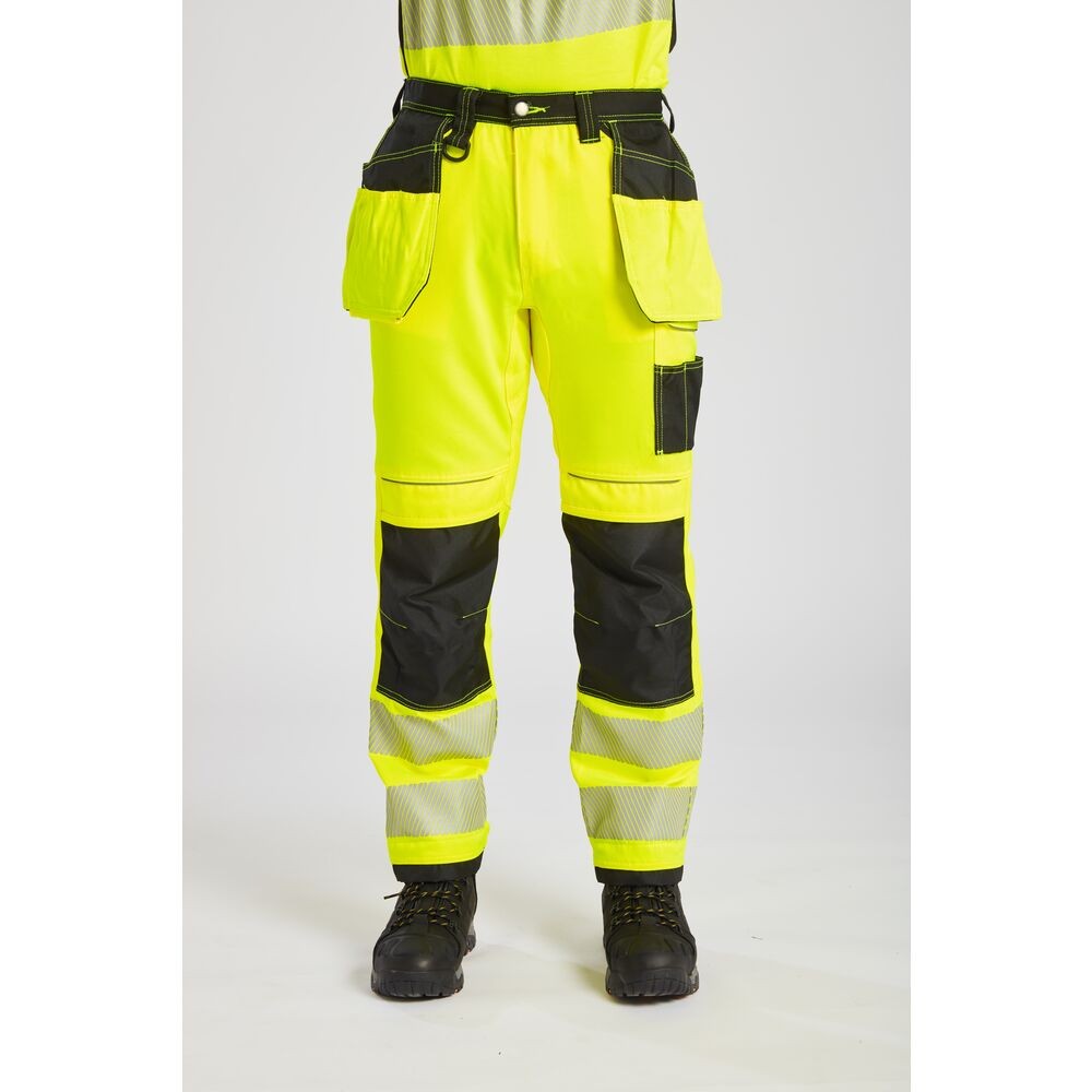A pair of high-visibility yellow trousers featuring retroreflective tape panels, functional pockets, suitable for a wide range of outdoor and site work applications.
