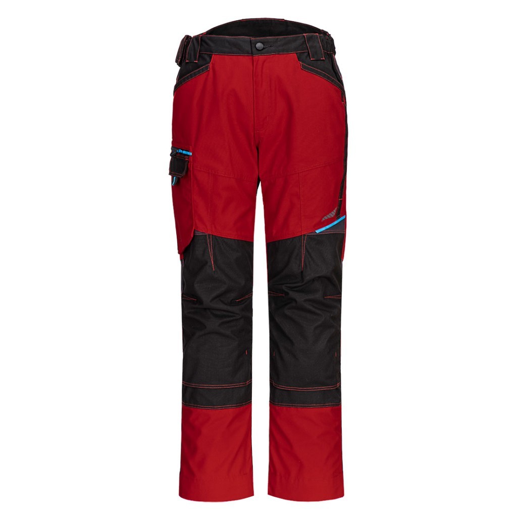 A pair of red work trousers designed for use on construction sites and in industrial work environments.,
