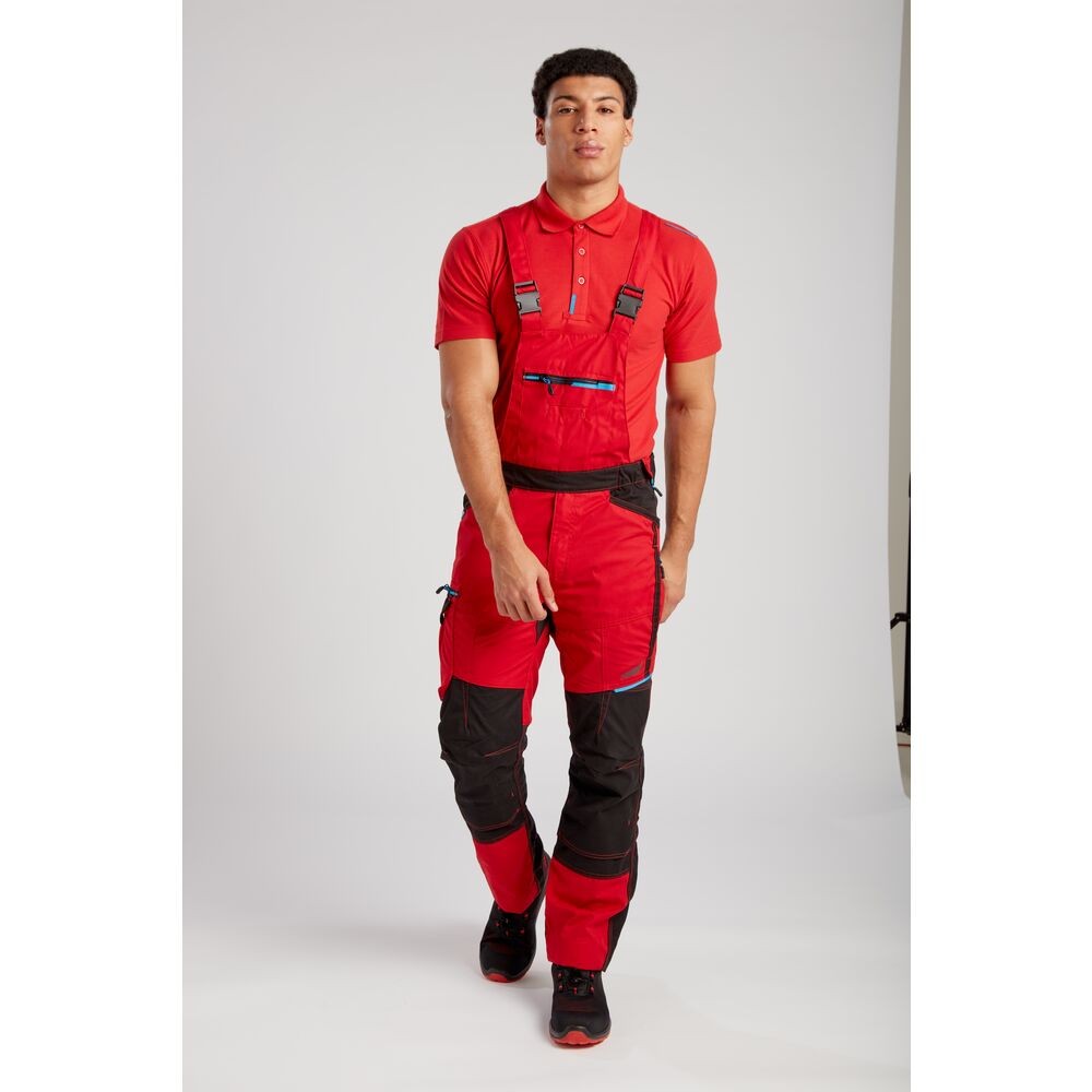 A red workwear garment designed for use on construction sites and in industrial work environments.,