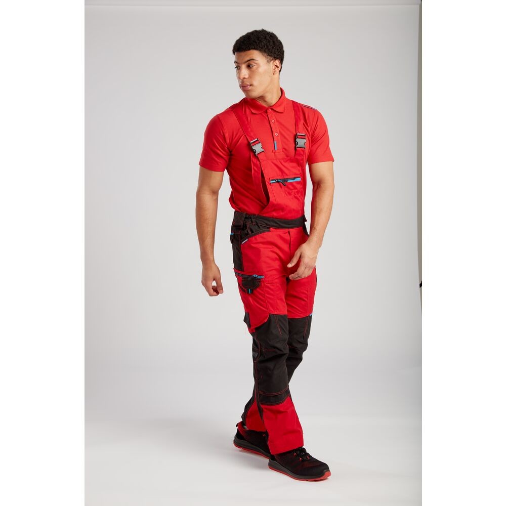 A red workwear garment designed for use on construction sites and in industrial work environments.,