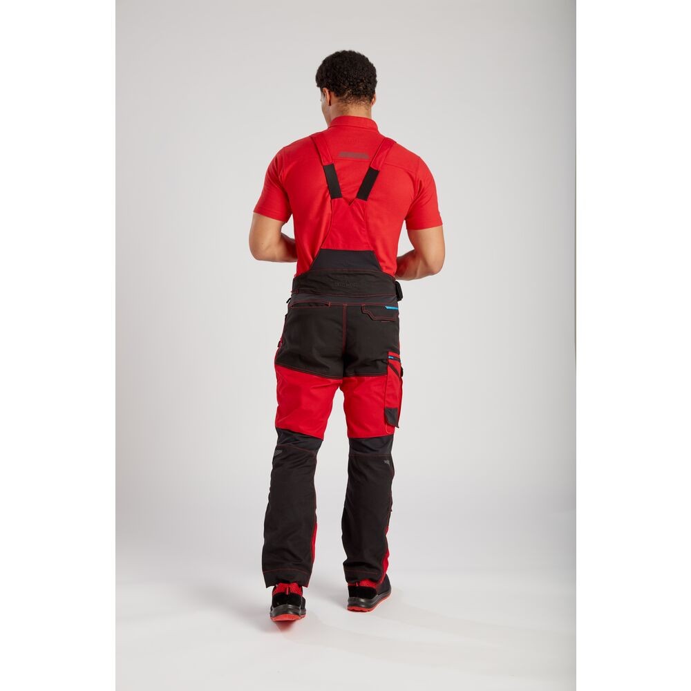 A red workwear garment designed for use on construction sites and in industrial work environments.,