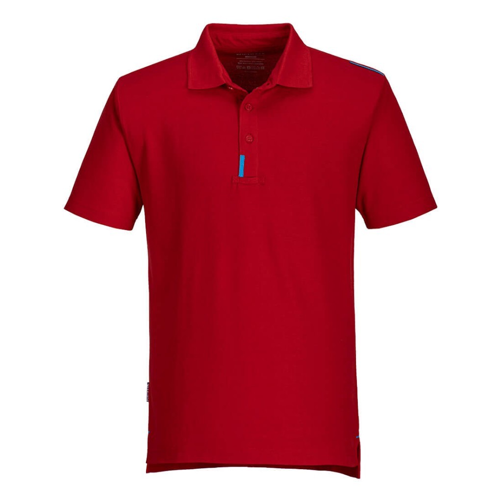 A red polo shirt designed for use on construction sites and in industrial work environments.,