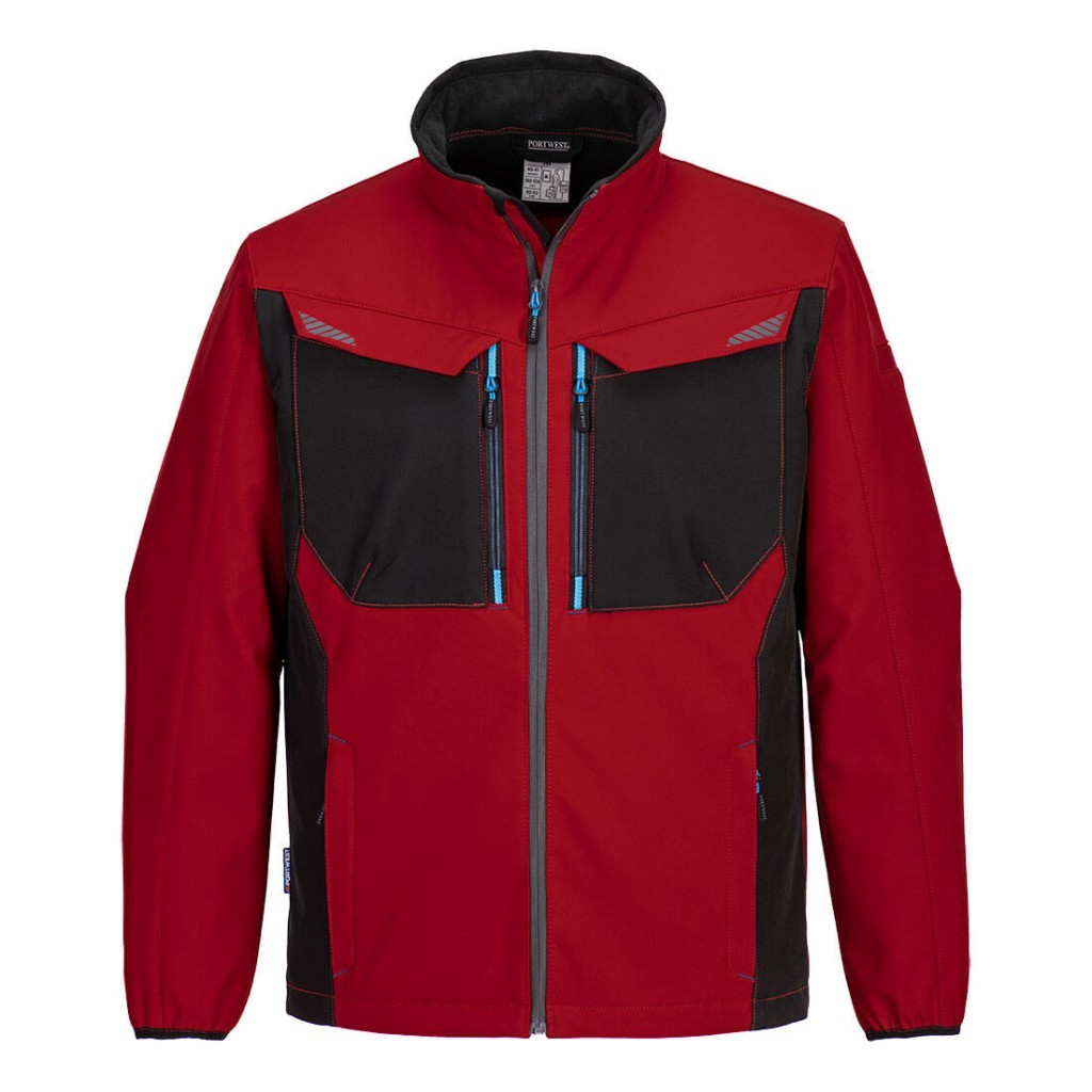 A red softshell jacket designed for use on construction sites and in industrial work environments.,