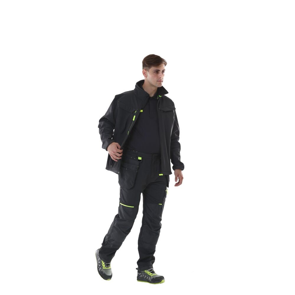 A black softshell jacket designed for use on construction sites and in industrial work environments.,