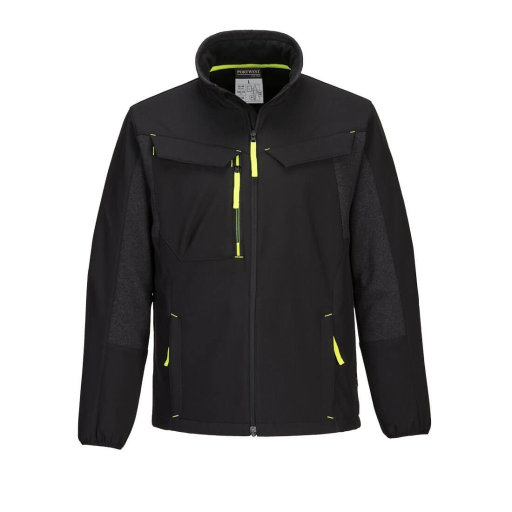 A black softshell jacket designed for use on construction sites and in industrial work environments.,
