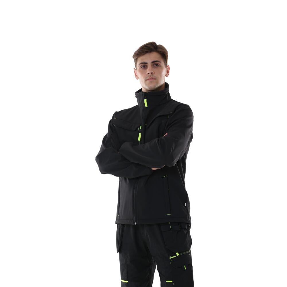 A black softshell jacket designed for use on construction sites and in industrial work environments.,