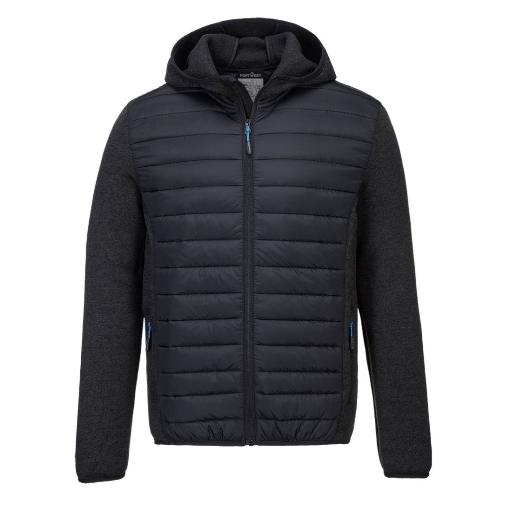 A grey jacket designed for use on construction sites and in industrial work environments.,