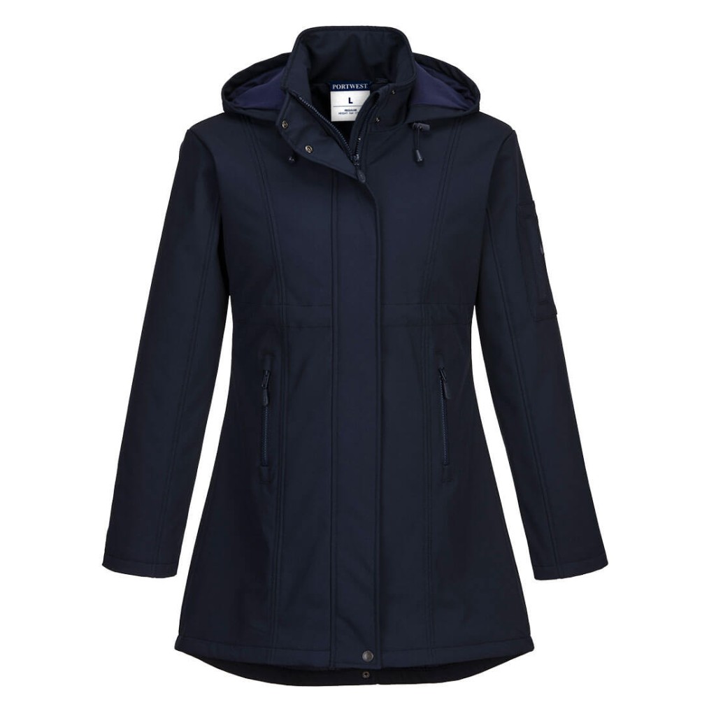A women's navy blue softshell jacket designed for use on construction sites and in industrial work environments.,