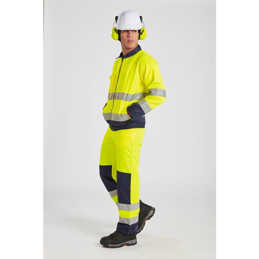A high-visibility yellow jacket featuring retroreflective tape panels, suitable for a wide range of outdoor and site work applications.