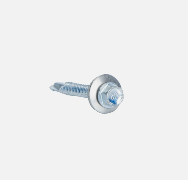 A stainless steel self-drilling hex head screw with a sharp drill-point tip and spiral threads along the shaft, suitable for fixing into steel framing.