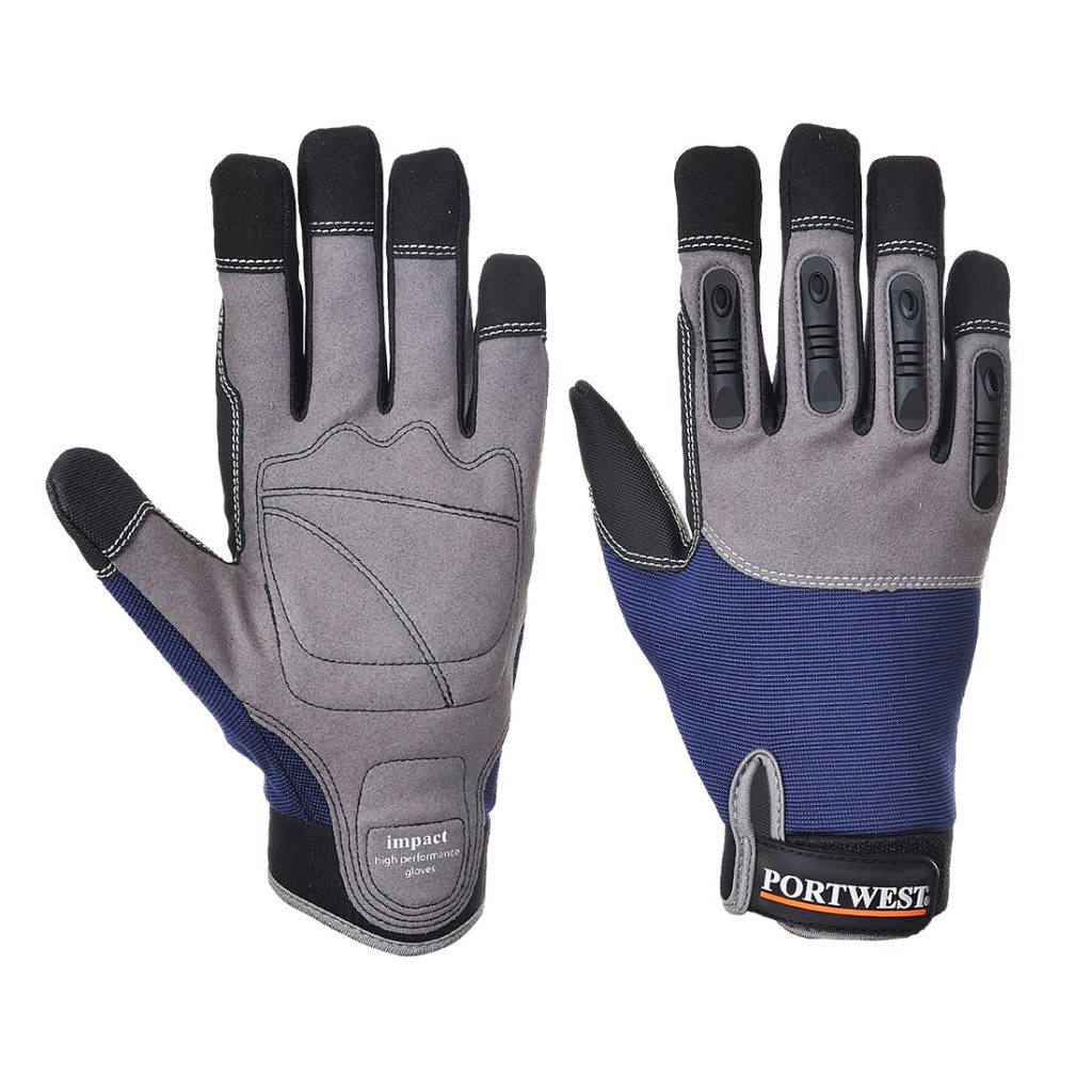A pair of navy blue work gloves with a textured grip palm and adjustable wrist closure, designed for general site use.