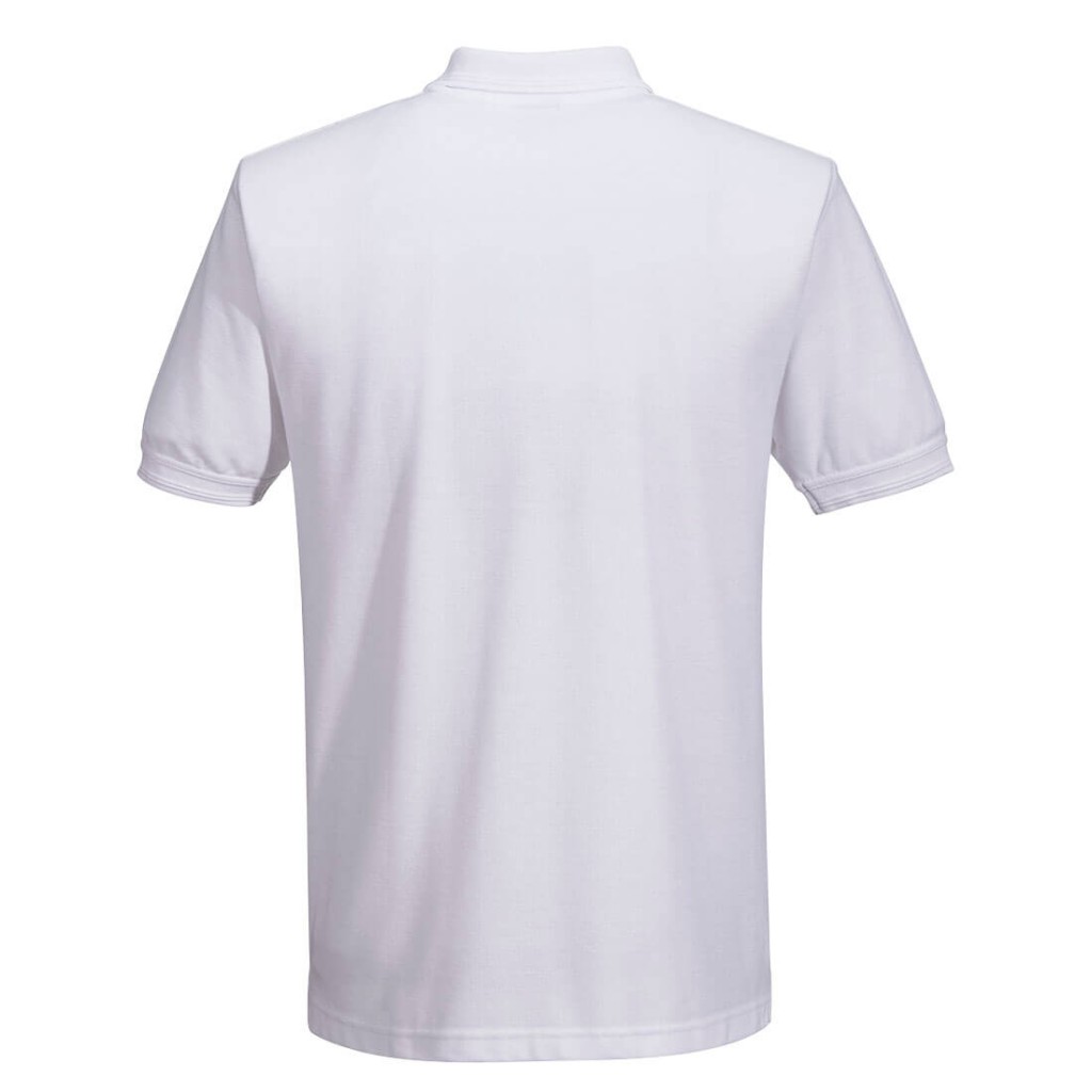 A white polo shirt designed for use on construction sites and in industrial work environments.,