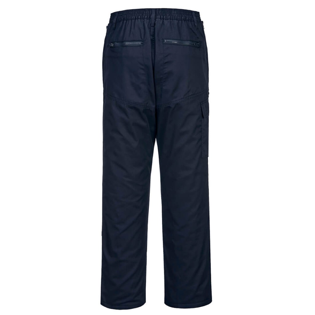 A pair of work trousers designed for use on construction sites and in industrial work environments.,