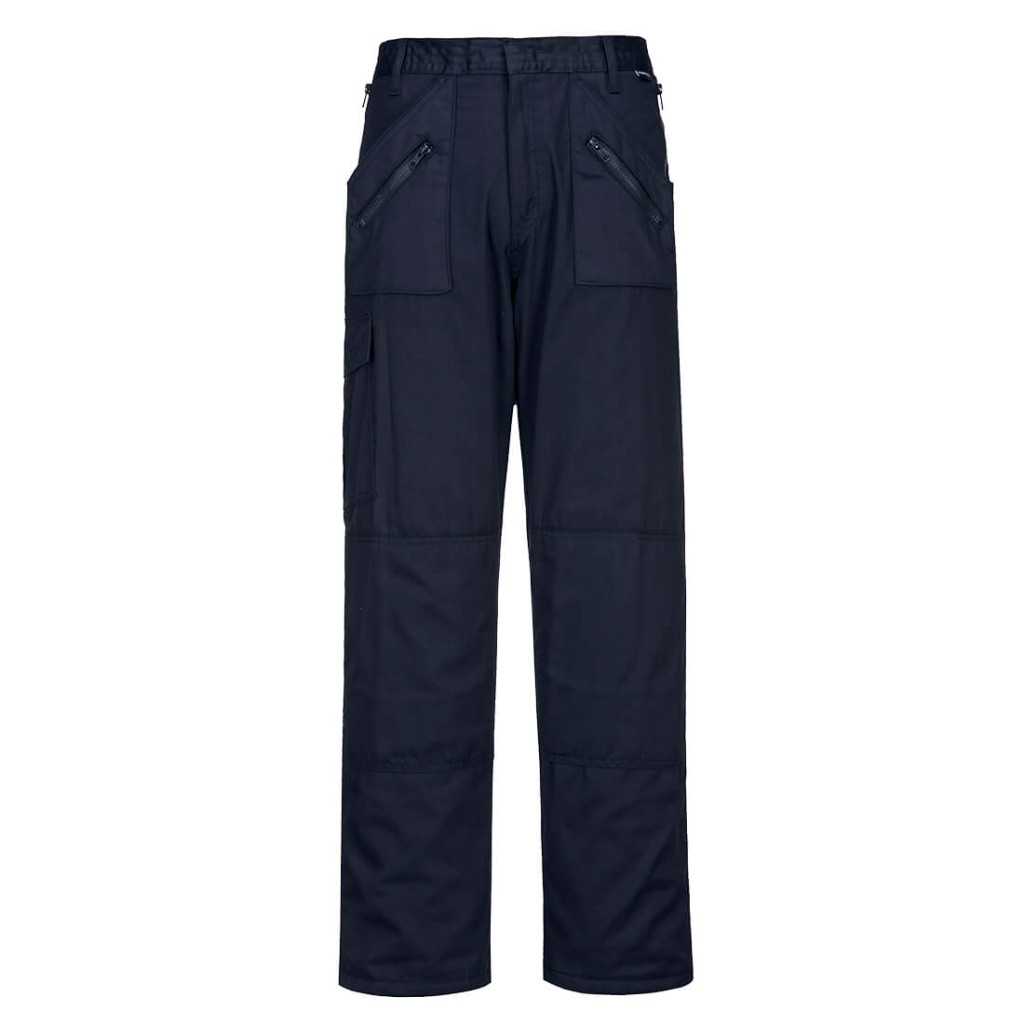 A pair of work trousers designed for use on construction sites and in industrial work environments.,