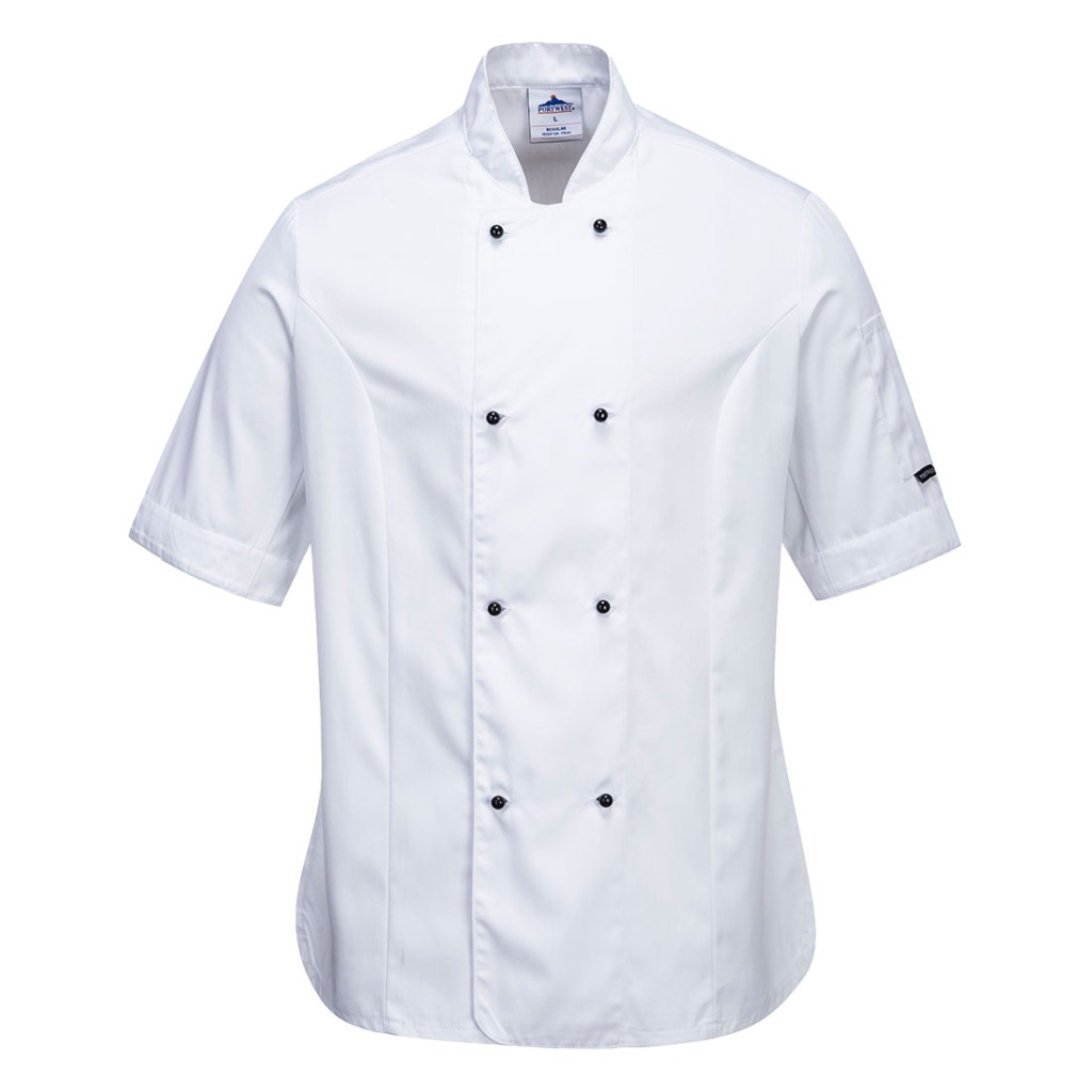 A women's white jacket designed for use on construction sites and in industrial work environments.,