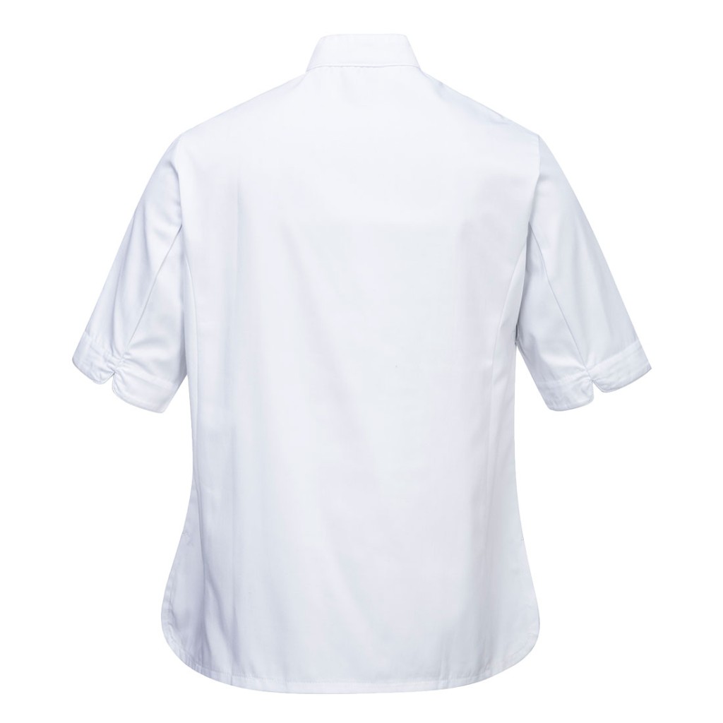 A women's white jacket designed for use on construction sites and in industrial work environments.,