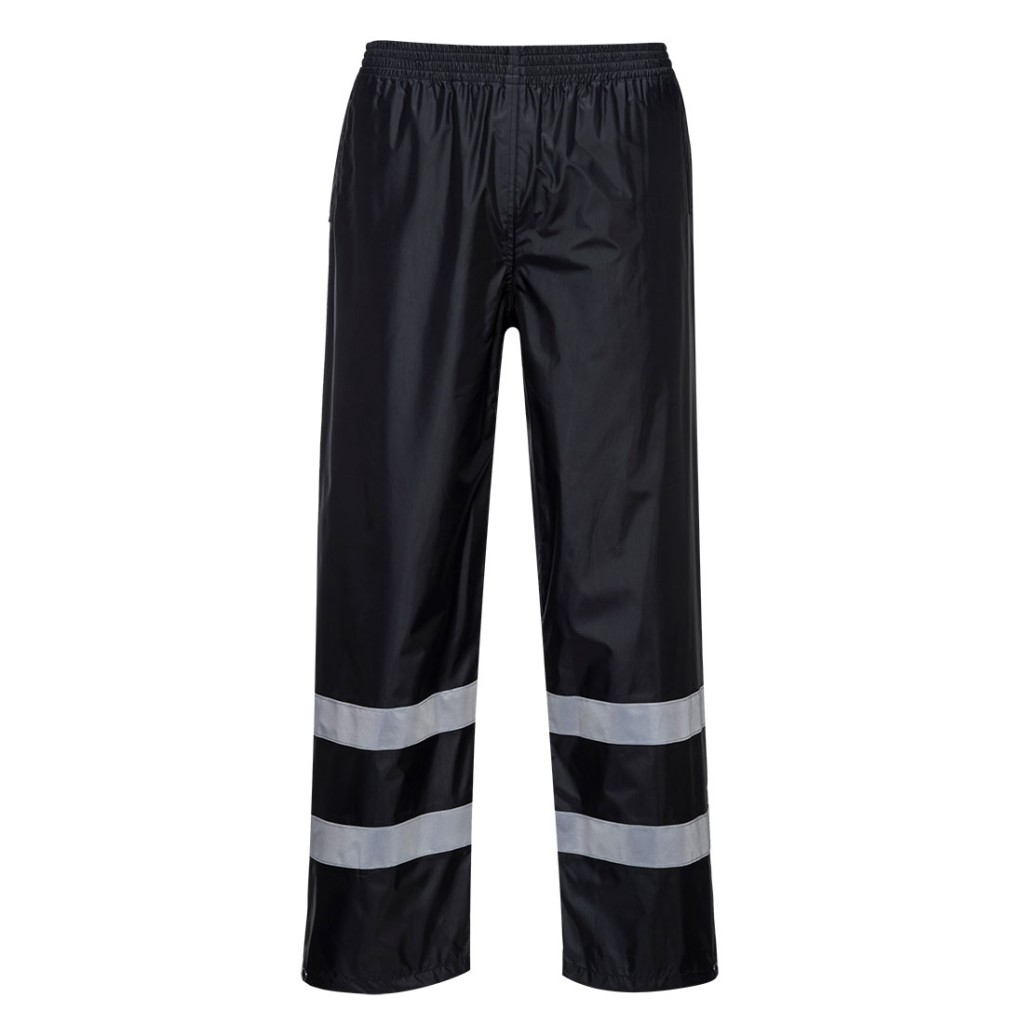 A pair of black work trousers designed for use on construction sites and in industrial work environments.,