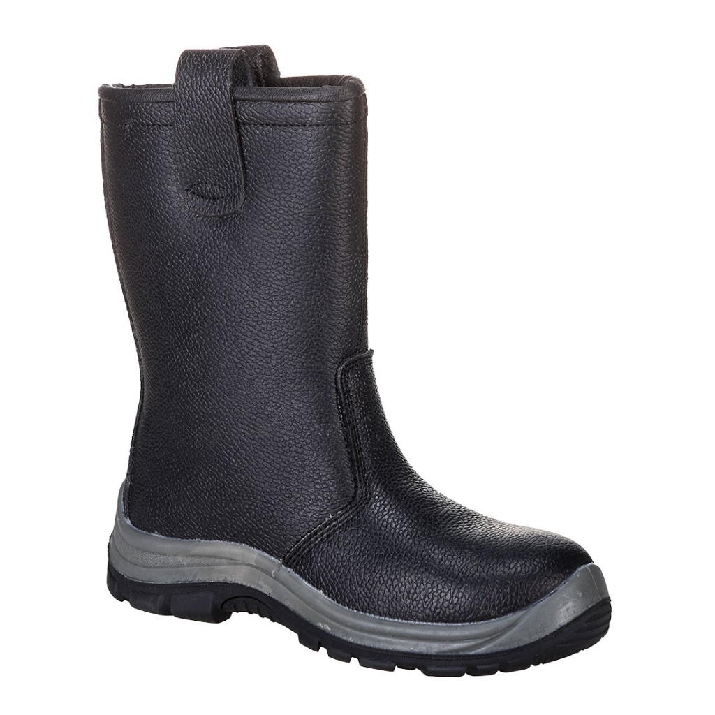 A black composite safety boot with an anti-slip sole and padded collar, designed for comfort and protection during extended site work.