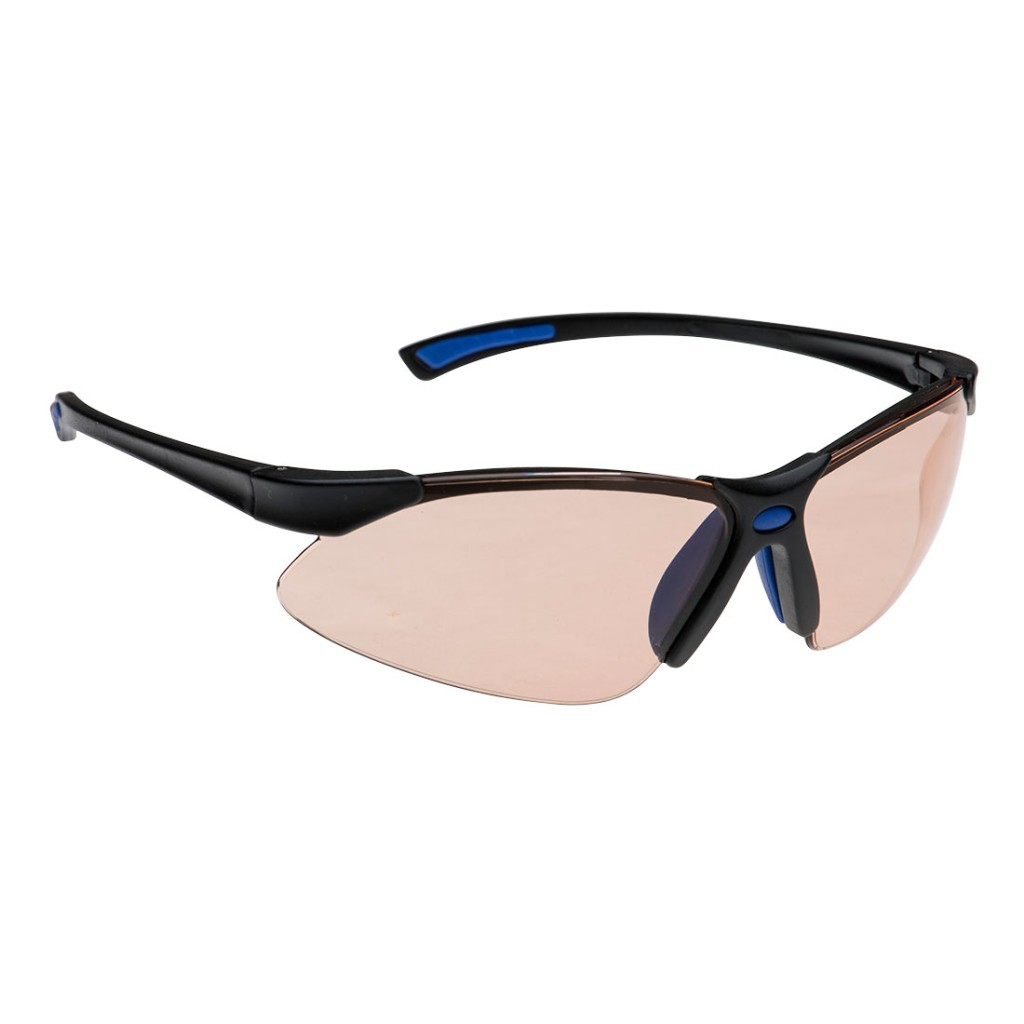A pair of safety spectacles with blue impact-resistant lenses and adjustable side arms, for eye protection during site work.