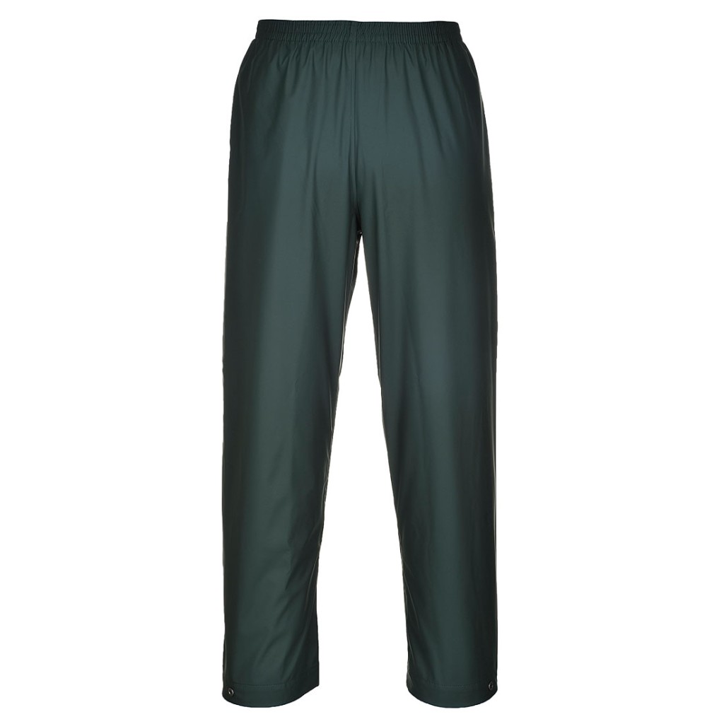 A pair of green work trousers designed for use on construction sites and in industrial work environments.,