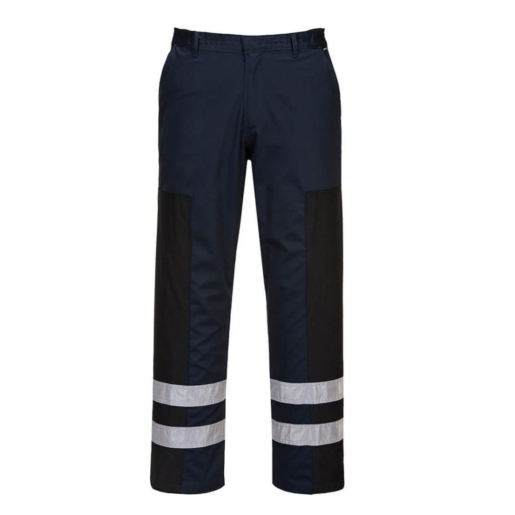 A pair of navy blue work trousers designed for use on construction sites and in industrial work environments.,