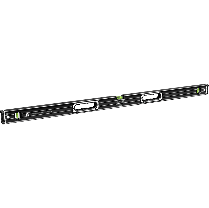 A Stabila 122cm spirit level with an extruded aluminium body and accurate vials, for checking horizontal and vertical alignment.
