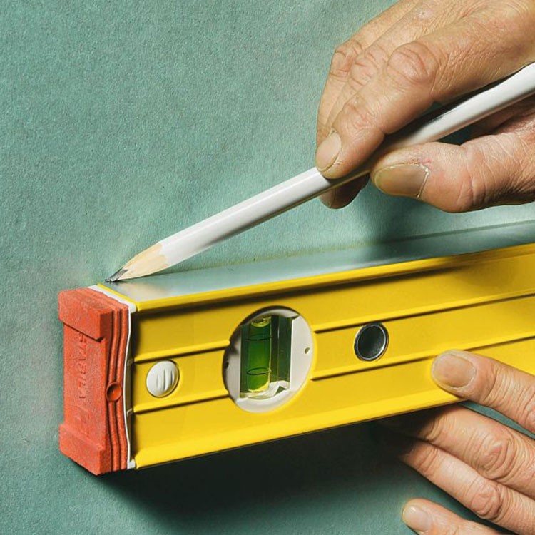 A Stabila 244cm spirit level with an extruded aluminium body and accurate vials, for checking horizontal and vertical alignment.