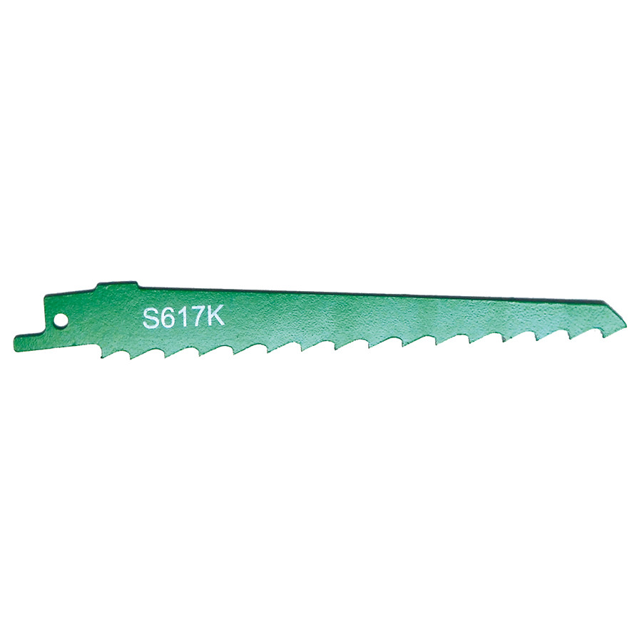 A green reciprocating saw blade with jagged teeth along one edge and S617K printed in white on its surface.,