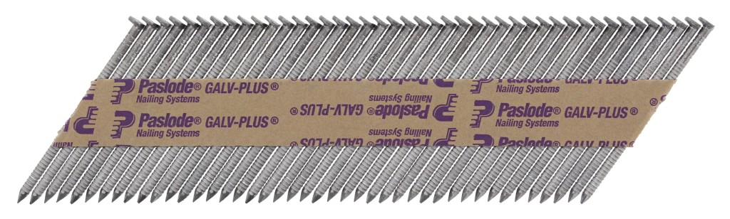 A galvanised ring-shank nail with annular rings along the shaft for enhanced withdrawal resistance in timber framing.,