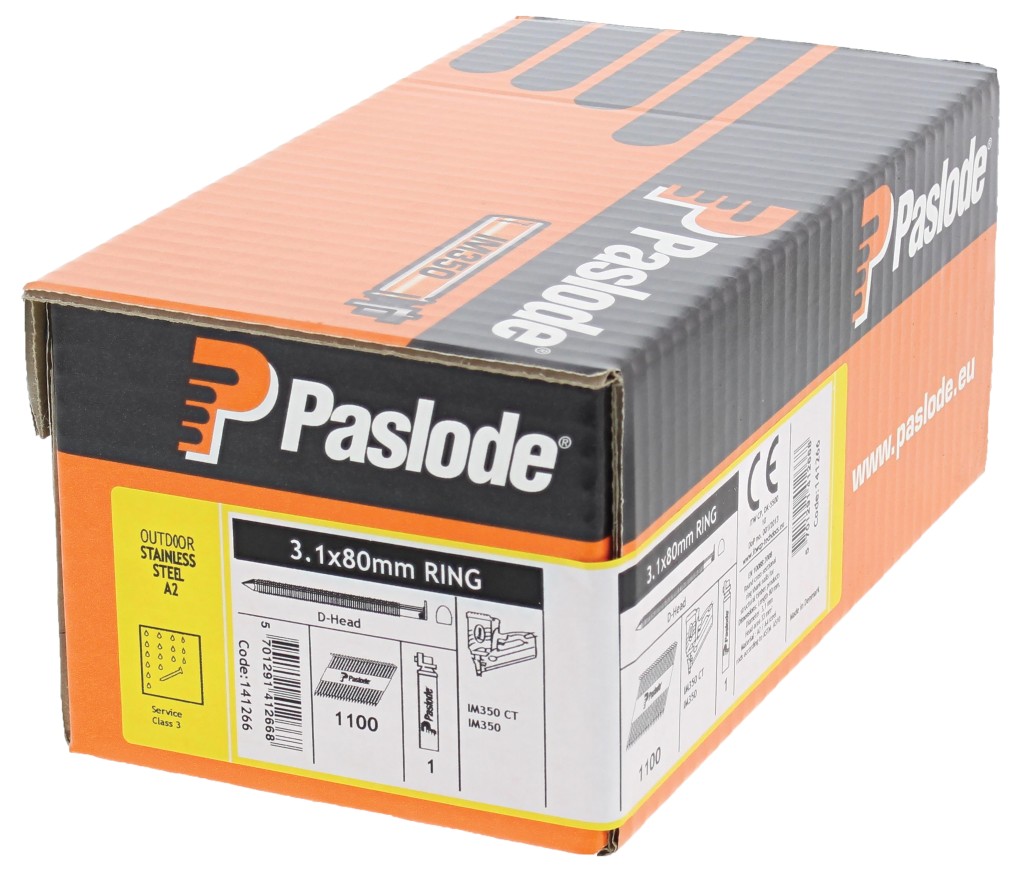 Paslode IM350+ 141266 80mm x 3.1mm Stainless Steel Ring Shank Nails - 1100 Box 1 Fuel Cell