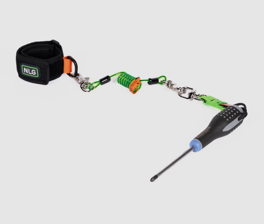 A fall-arrest safety harness or lanyard with energy-absorbing components, for working at height in compliance with safety regulations.