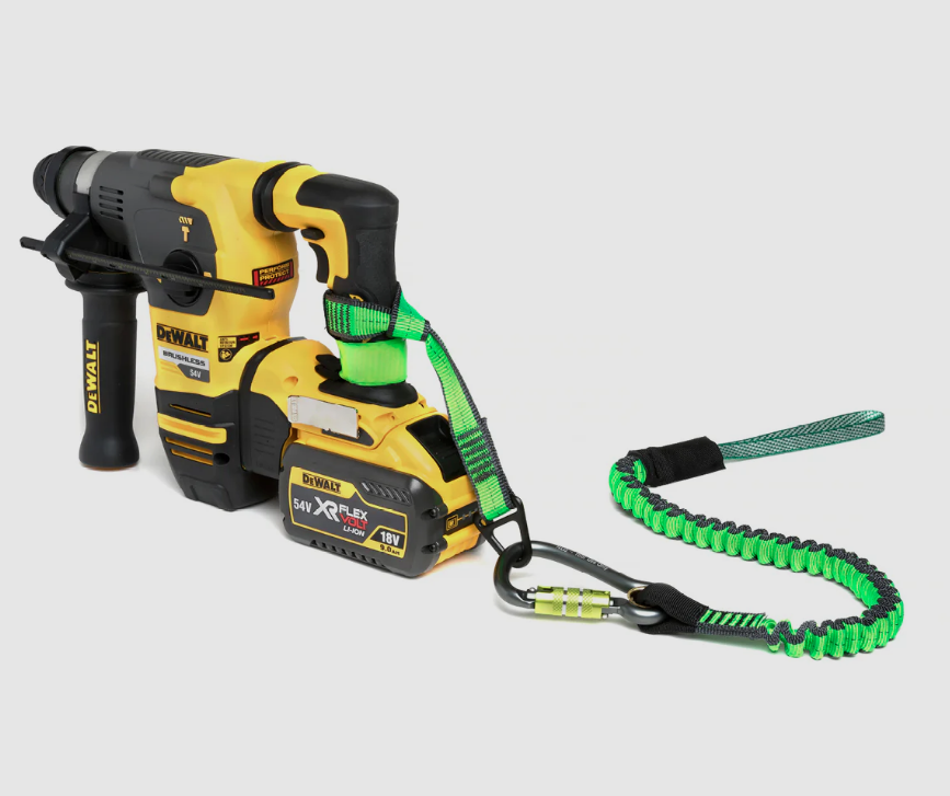 A fall-arrest safety harness or lanyard with energy-absorbing components, for working at height in compliance with safety regulations.