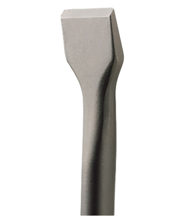 A close-up of a metal chisel with a flat, beveled cutting edge and a smooth, cylindrical shaft.