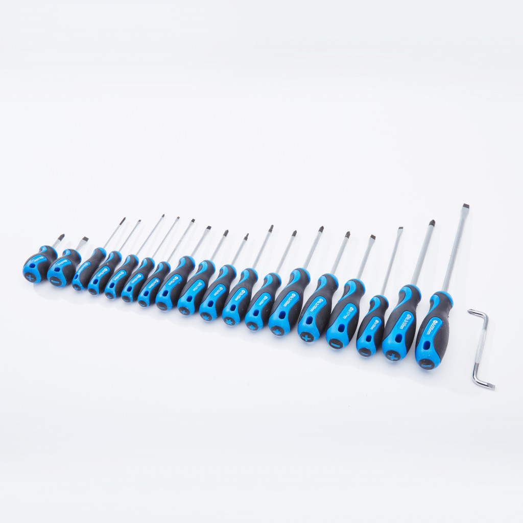 A set of sixteen blue and black screwdrivers of various sizes arranged in a row, with an L-shaped tool on the far right, all on a white background.